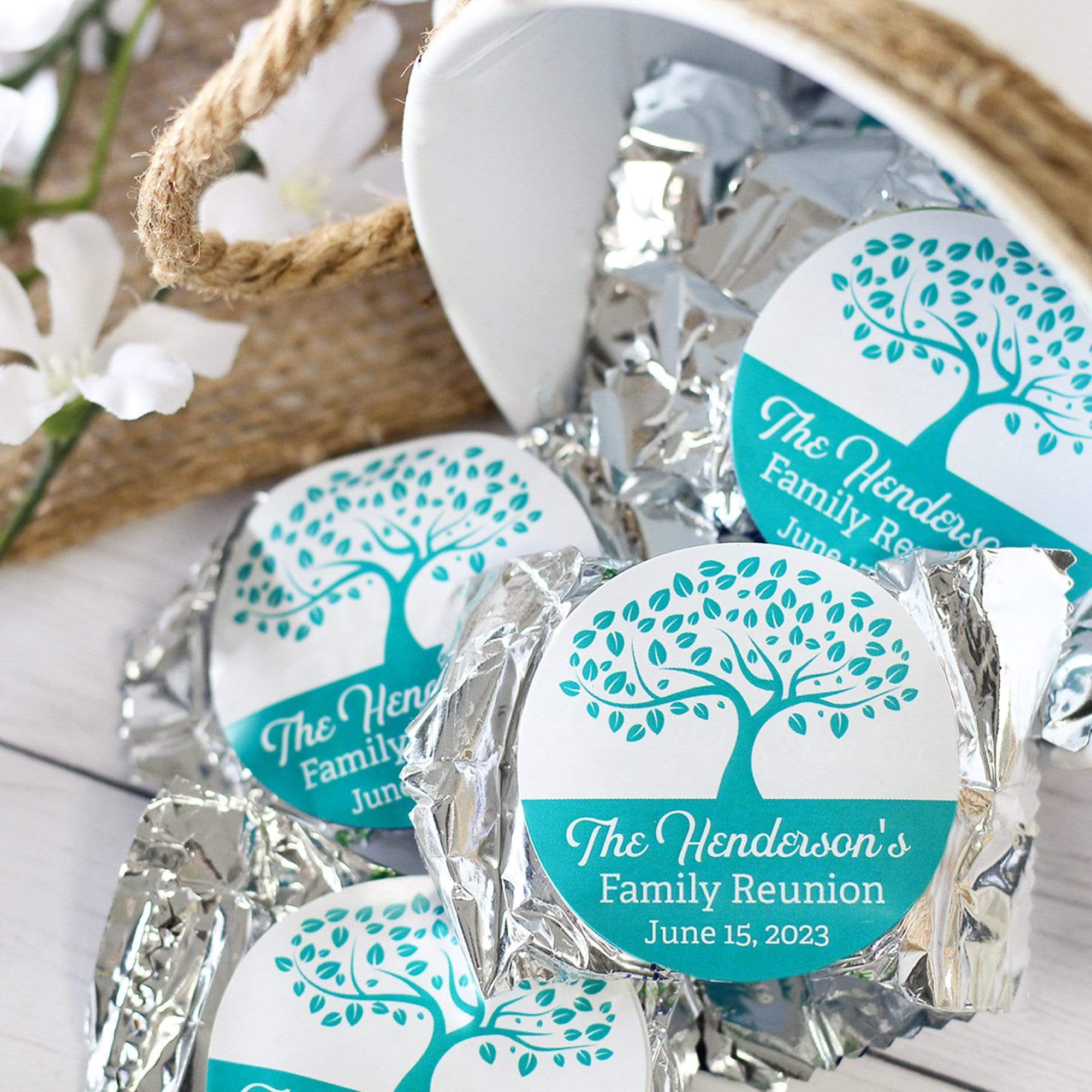 Teal Personalized Family Reunion Party Large Round Labels - 40 Stickers (9 Colors)